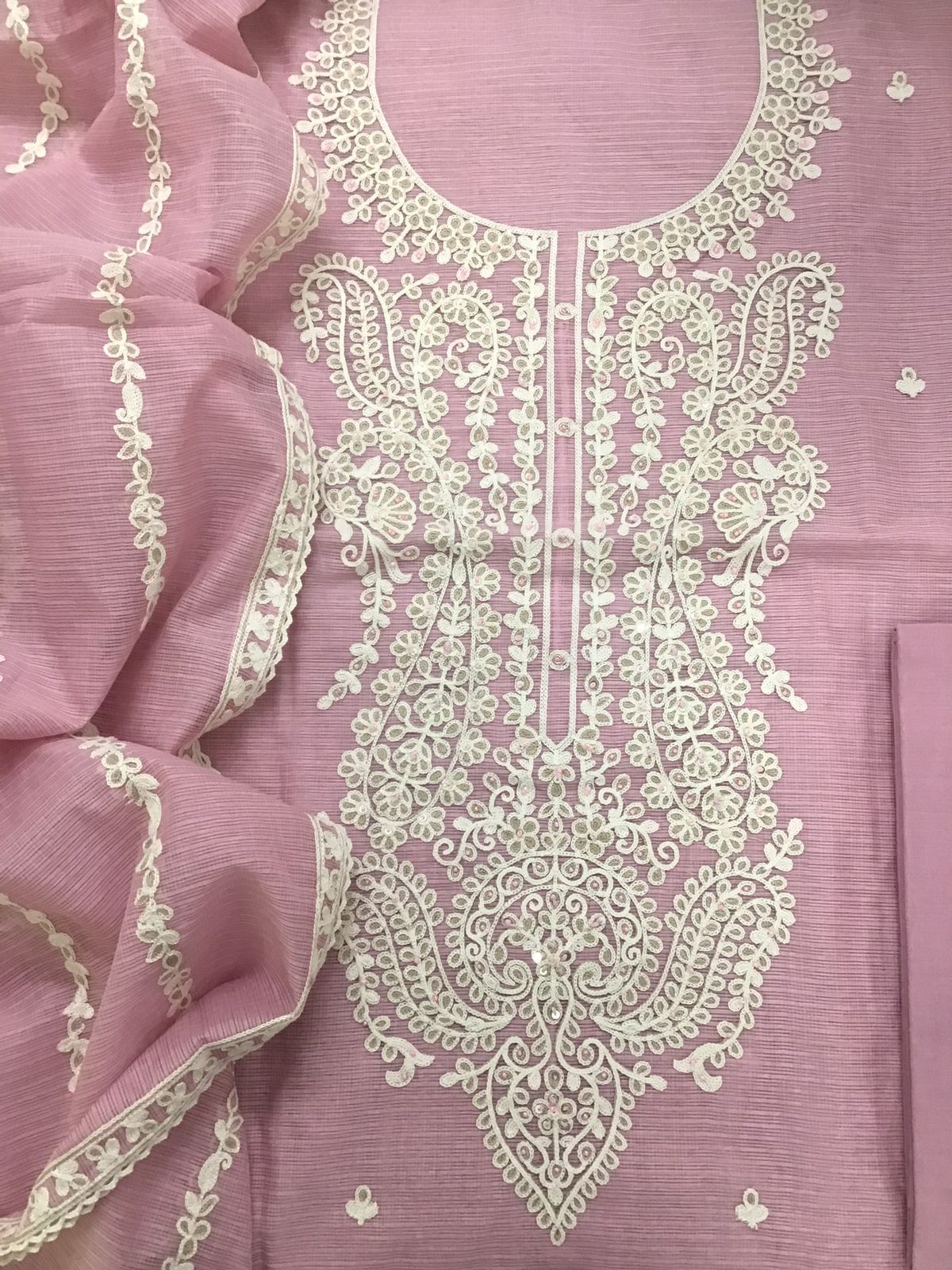 Soft Kota Silk Embroidered Suit - Pink