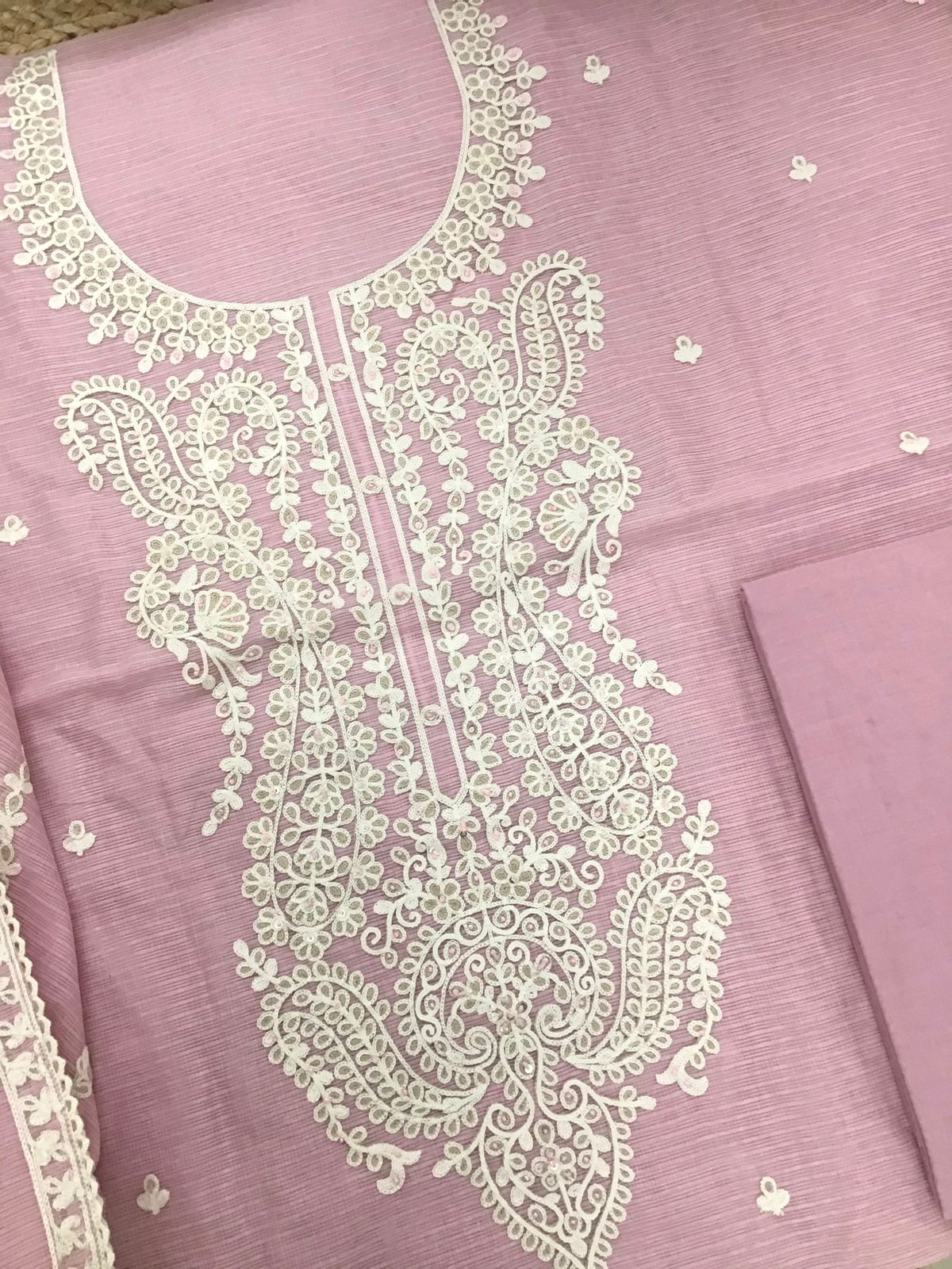 Soft Kota Silk Embroidered Suit - Pink