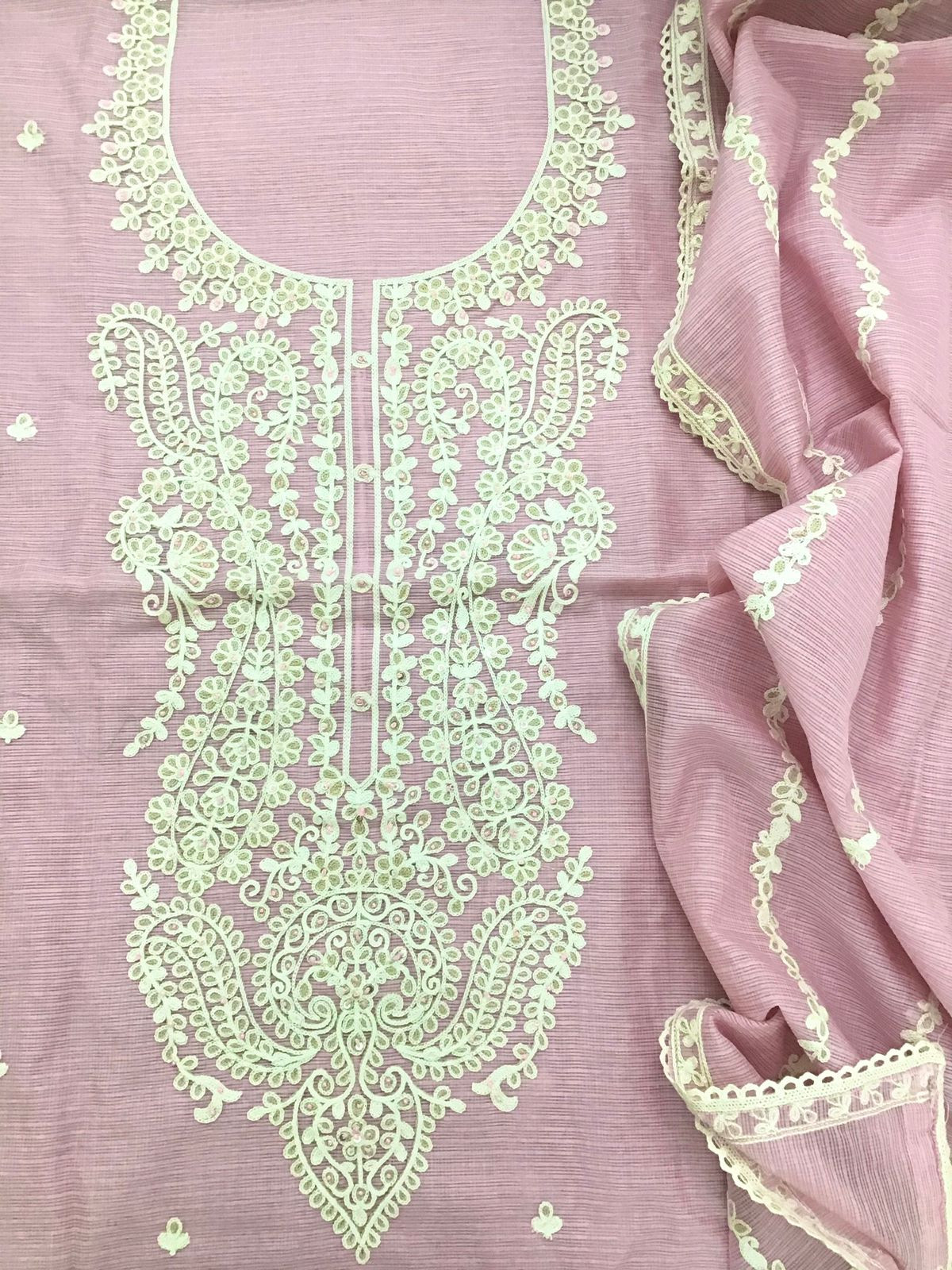 Soft Kota Silk Embroidered Suit - Pink