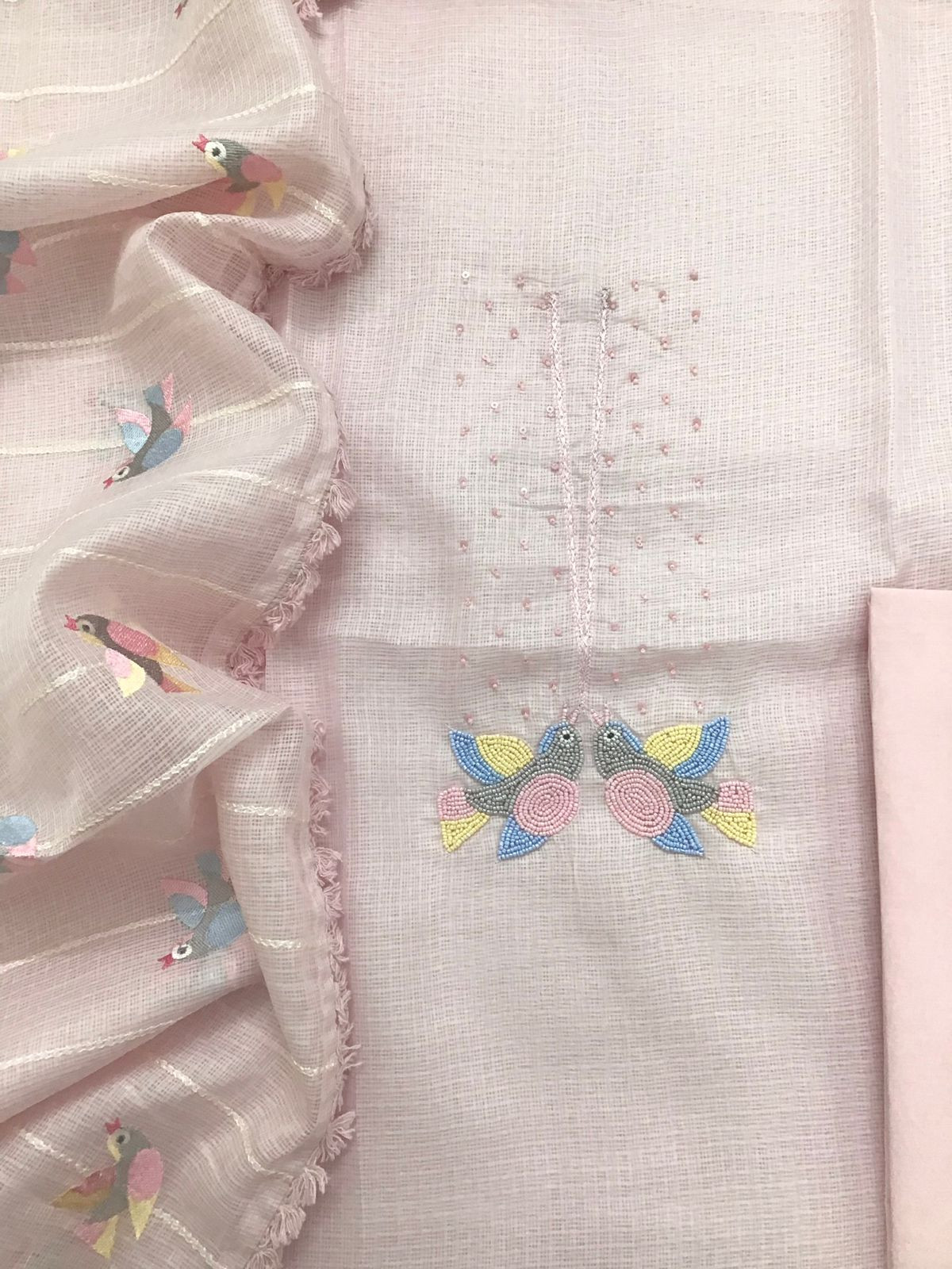 Soft Kota Silk Embroidered Suit - Pink