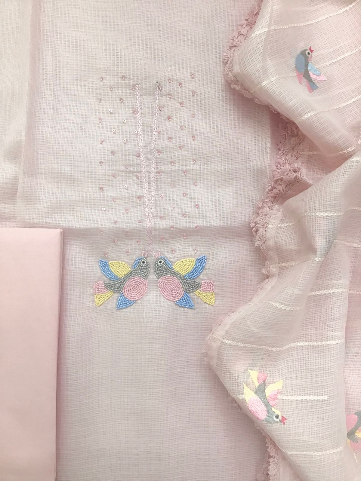 Soft Kota Silk Embroidered Suit - Pink