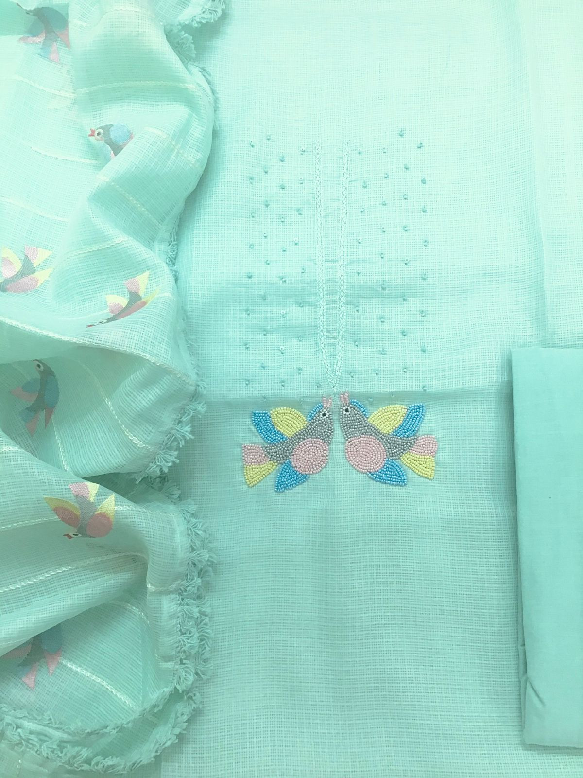 Soft Kota Silk Embroidered Suit - Sea Blue