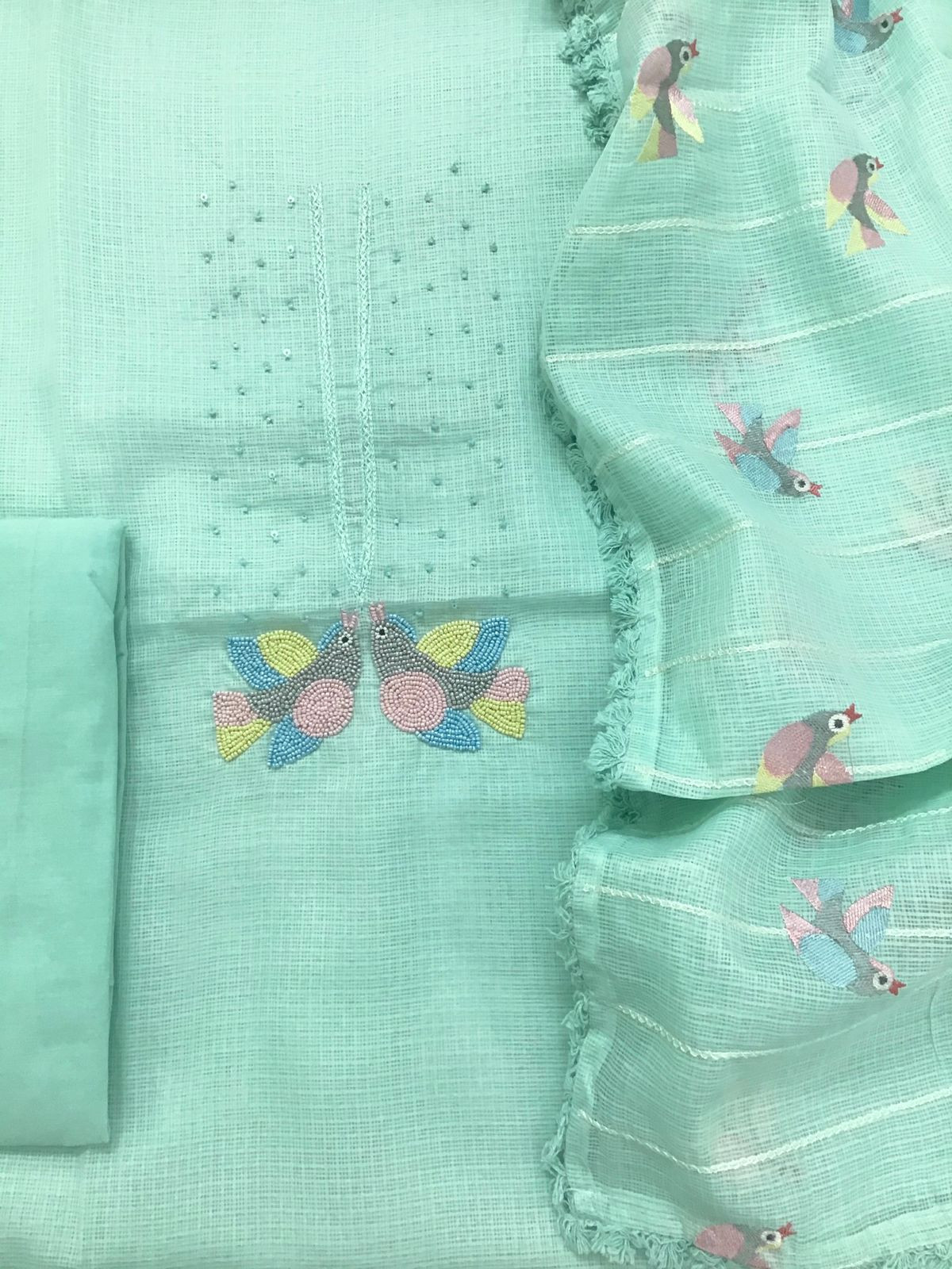 Soft Kota Silk Embroidered Suit - Sea Blue