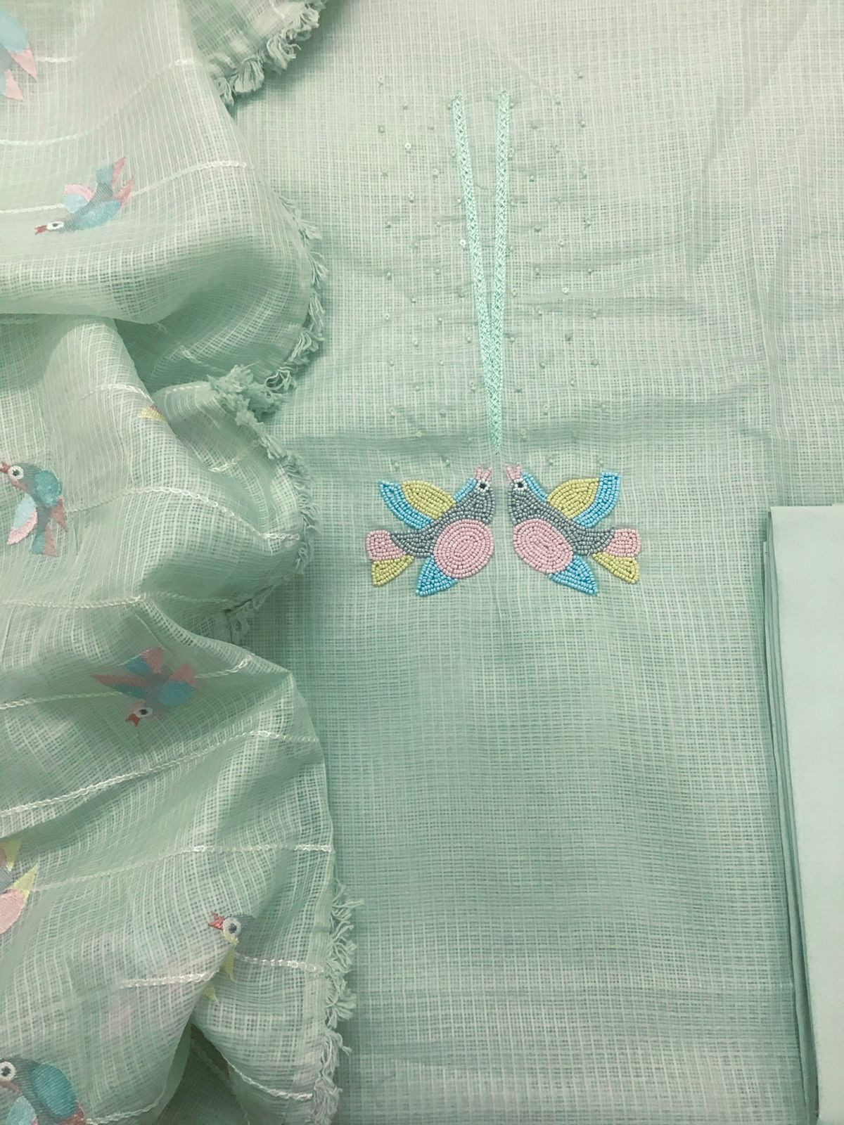 Soft Kota Silk Embroidered Suit - Green