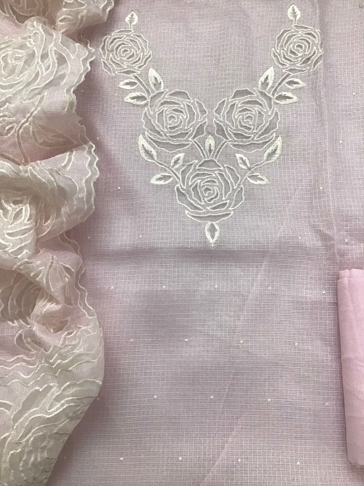 Soft Kota Silk Embroidered Suit - Pink