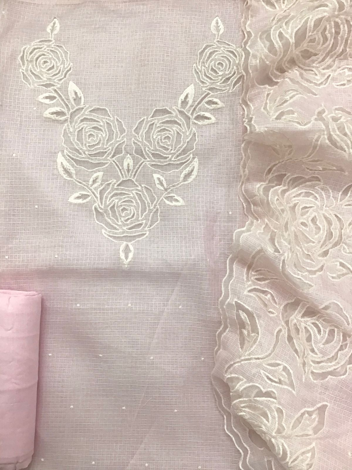 Soft Kota Silk Embroidered Suit - Pink