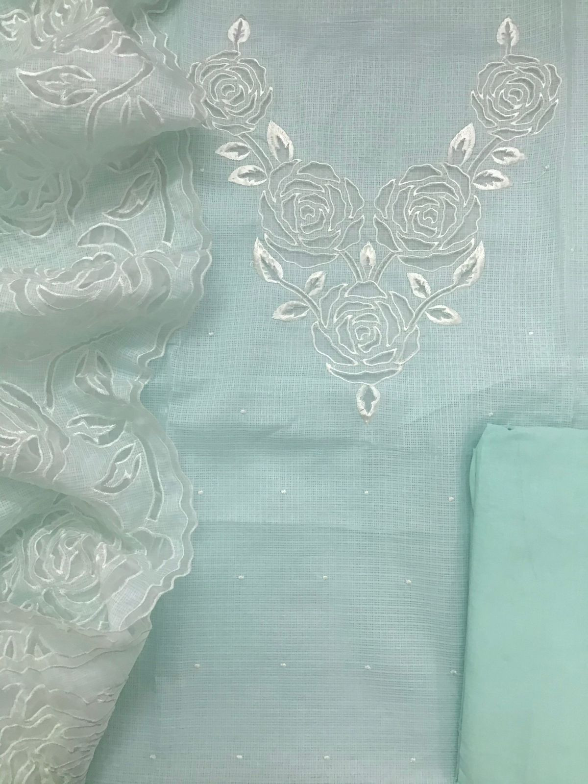 Soft Kota Silk Embroidered Suit - Sea Blue