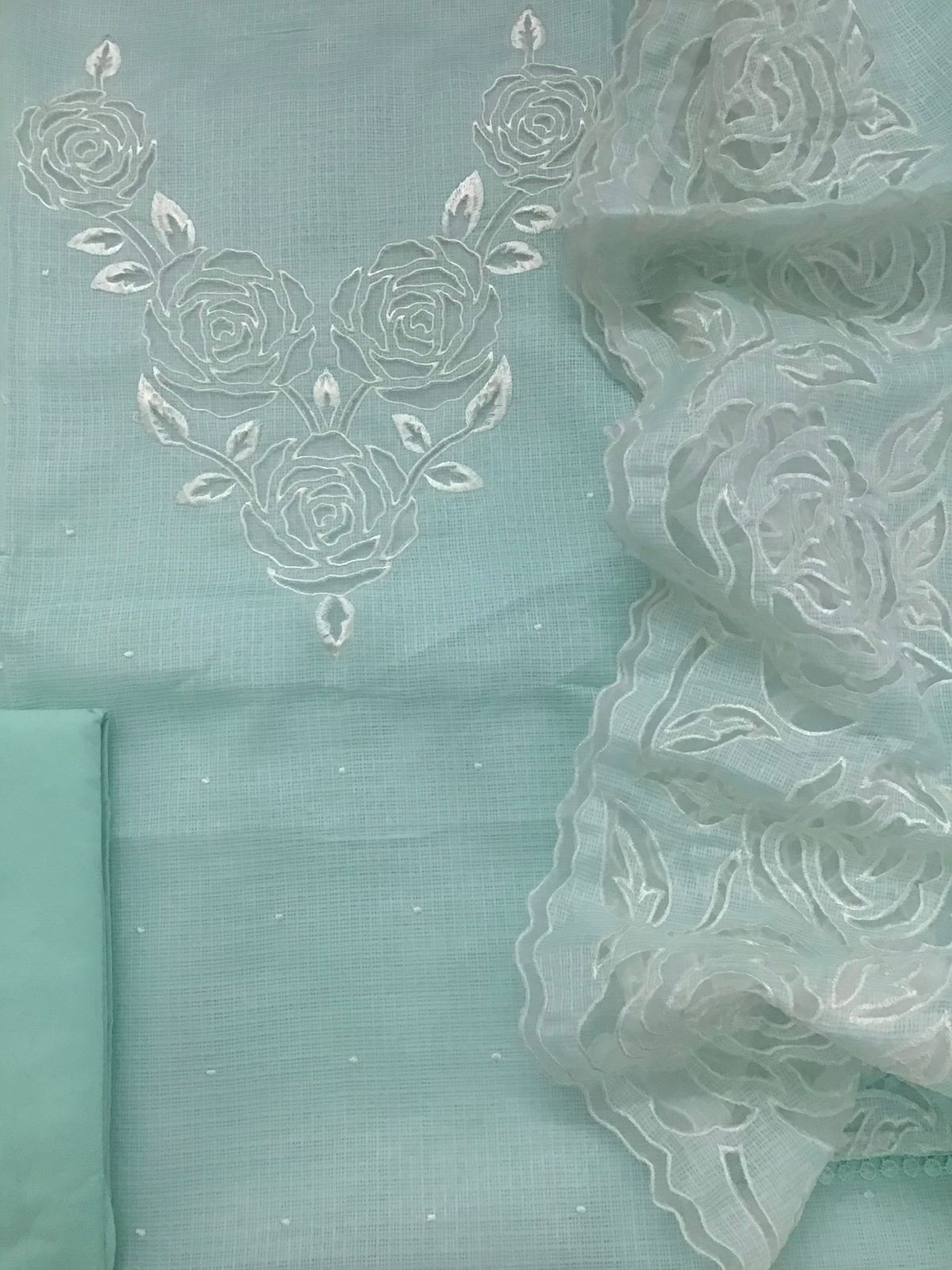 Soft Kota Silk Embroidered Suit - Sea Blue