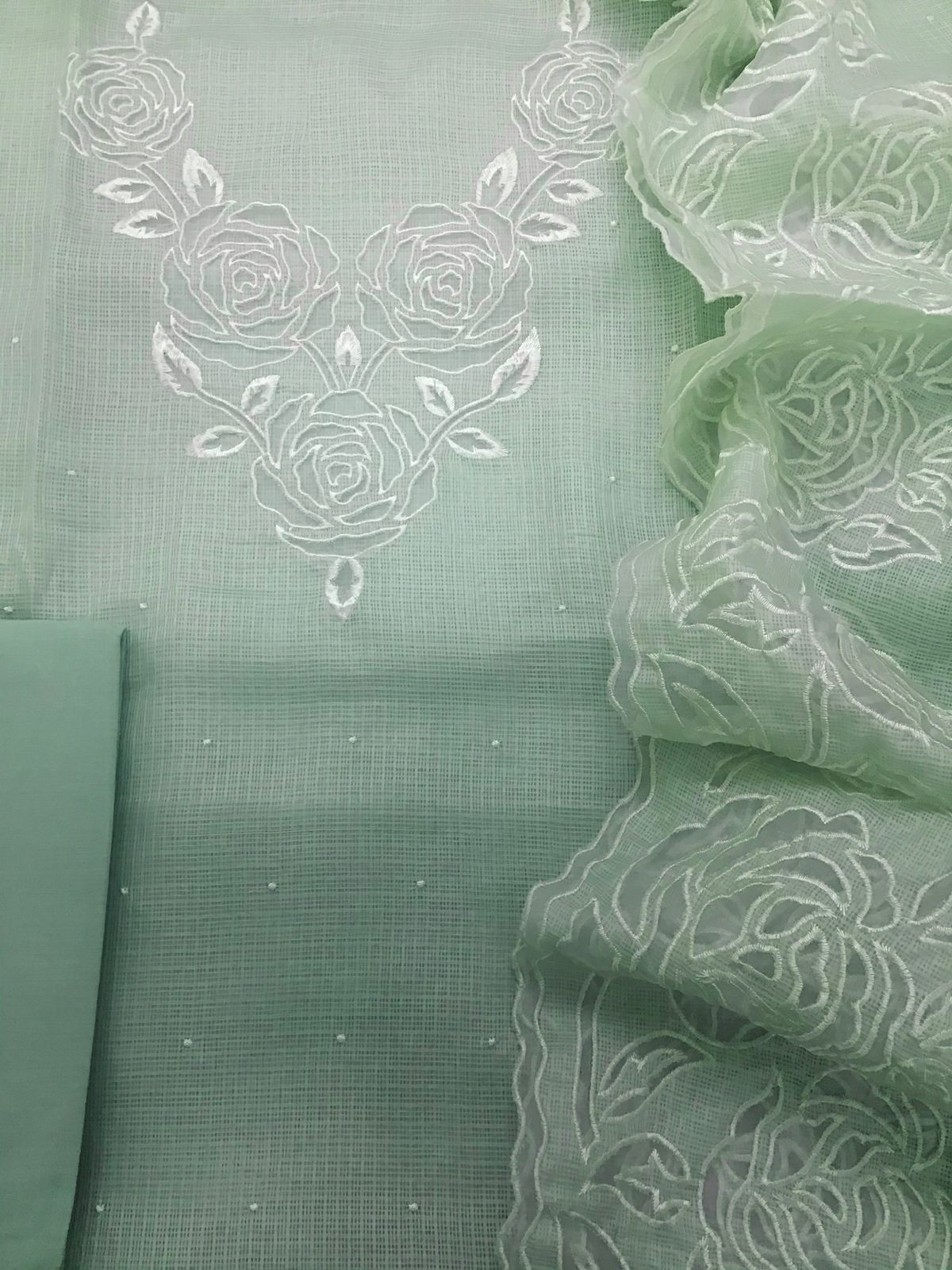 Soft Kota Silk Embroidered Suit - Green