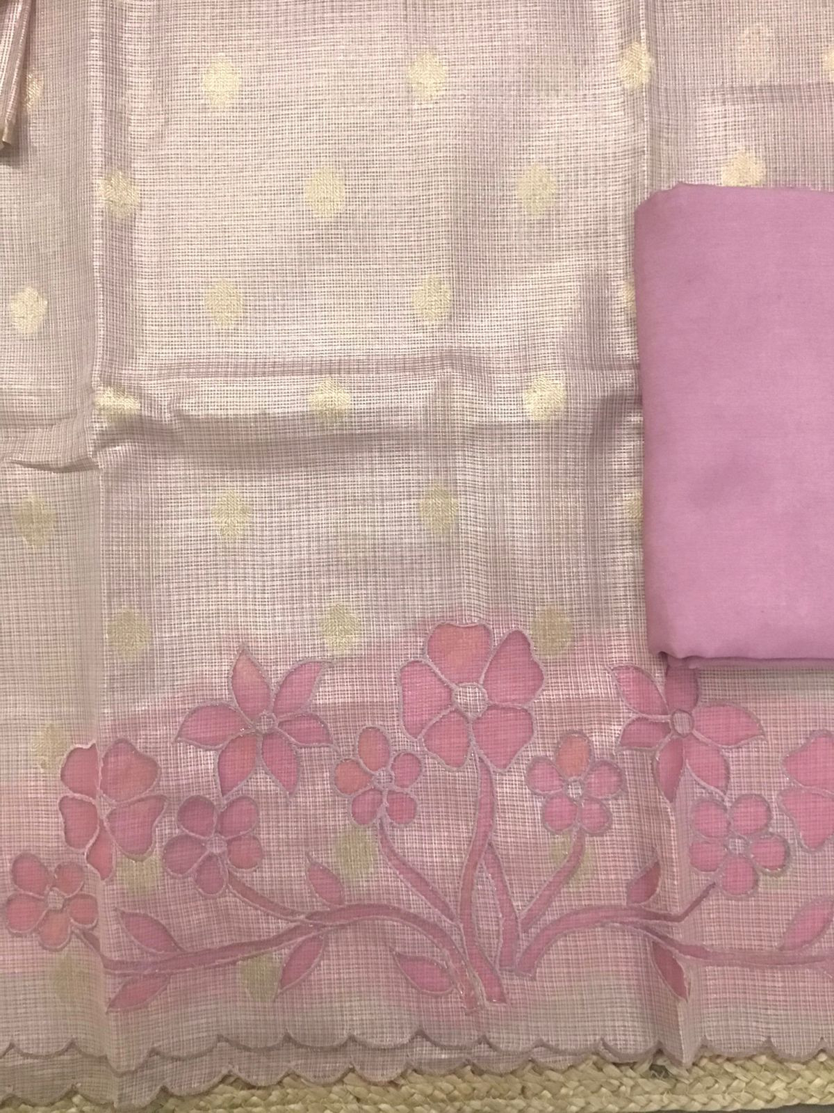 Soft Tissue Kota Silk Embroidered Suit - Pink