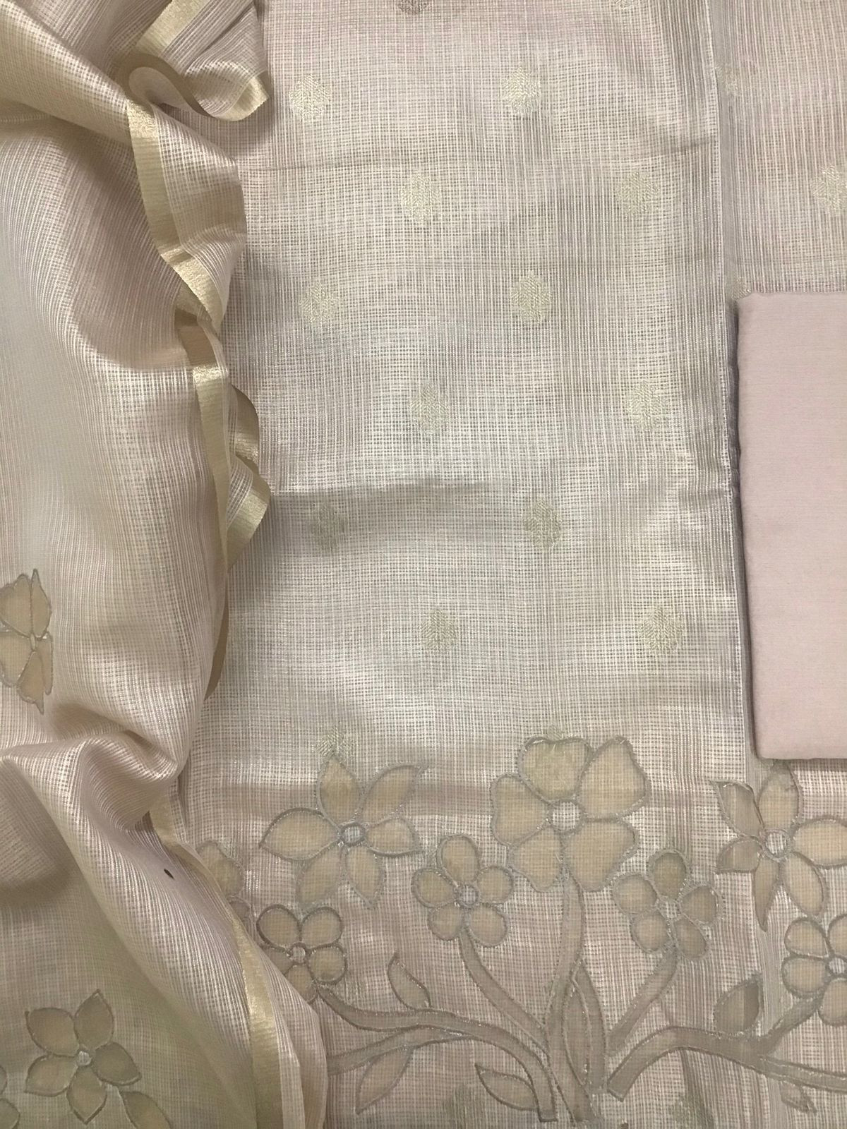 Soft Tissue Kota Silk Embroidered Suit - Beige