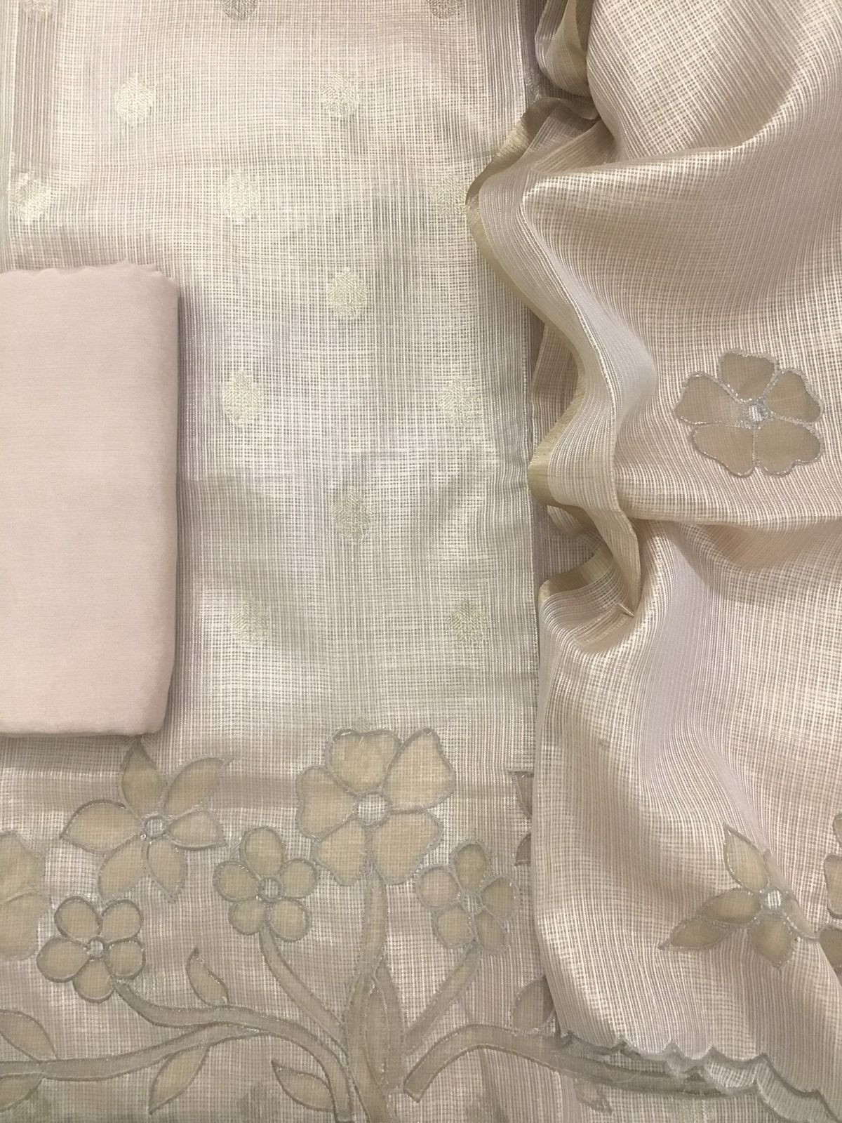 Soft Tissue Kota Silk Embroidered Suit - Beige