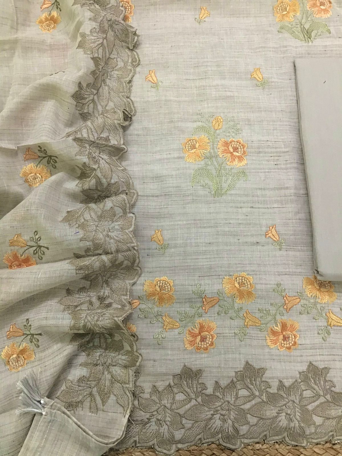 Pure Linen Cotton Embroidered Suit - Beige