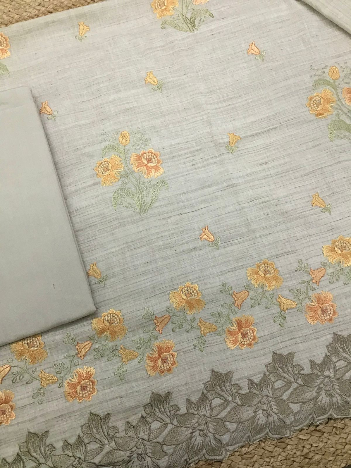 Pure Linen Cotton Embroidered Suit - Beige