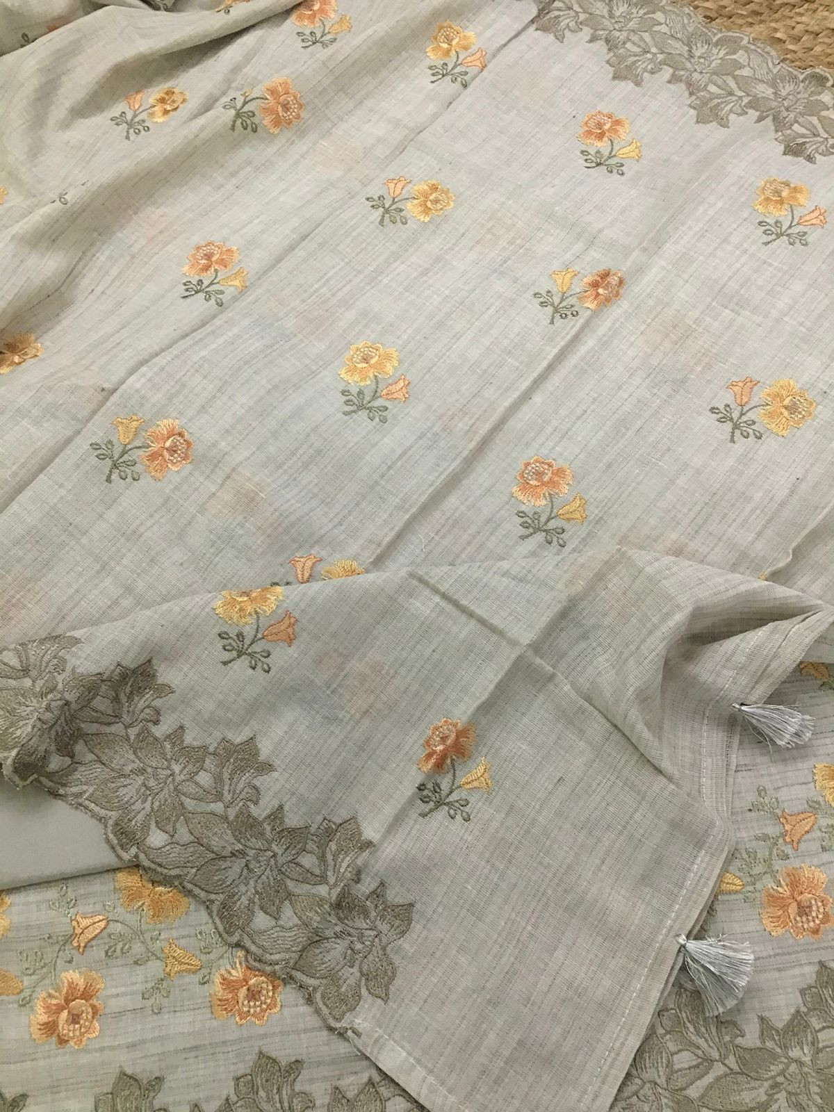 Pure Linen Cotton Embroidered Suit - Beige