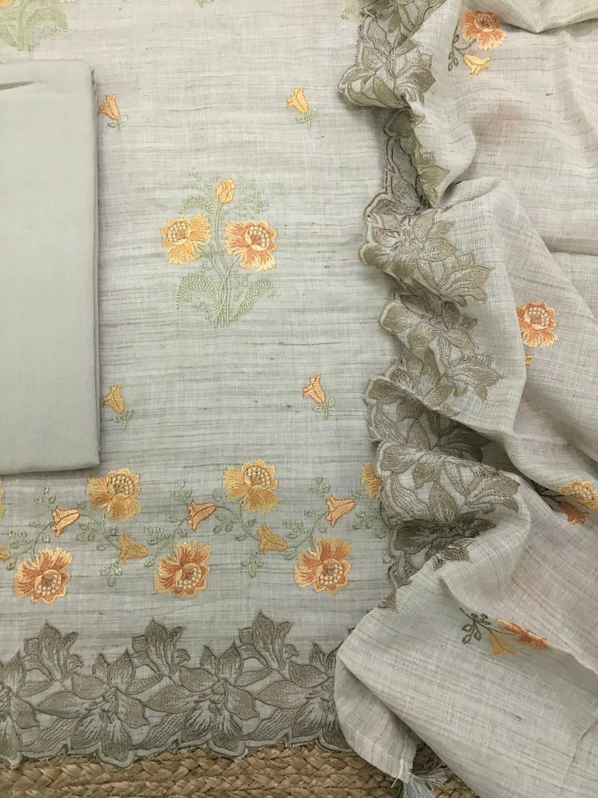 Pure Linen Cotton Embroidered Suit - Beige