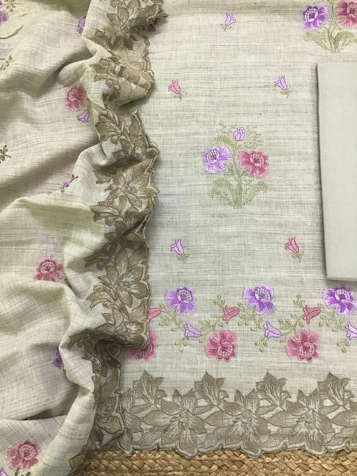 Pure Linen Cotton Embroidered Suit - Beige