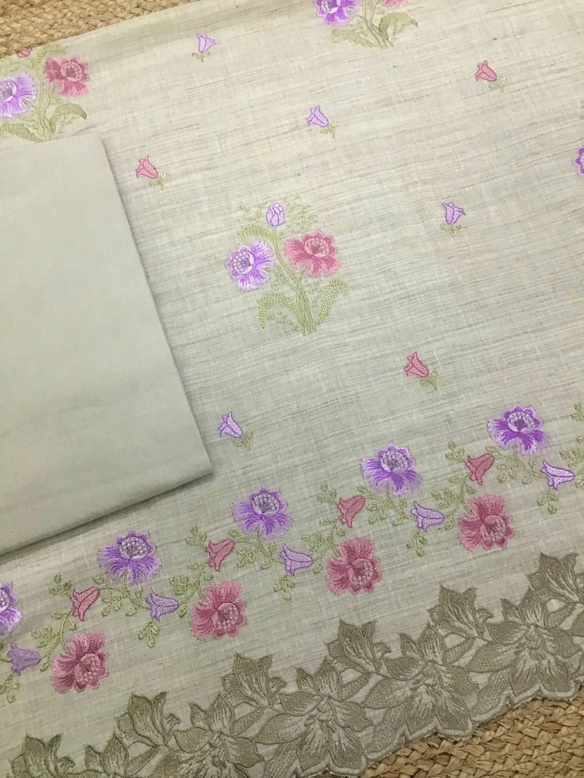 Pure Linen Cotton Embroidered Suit - Beige