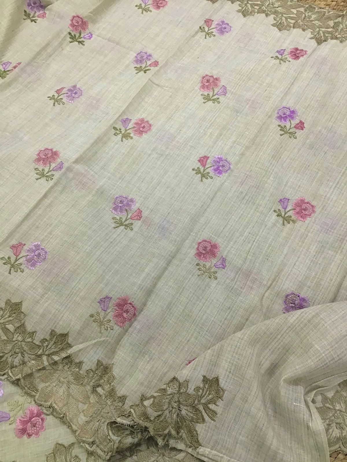 Pure Linen Cotton Embroidered Suit - Beige