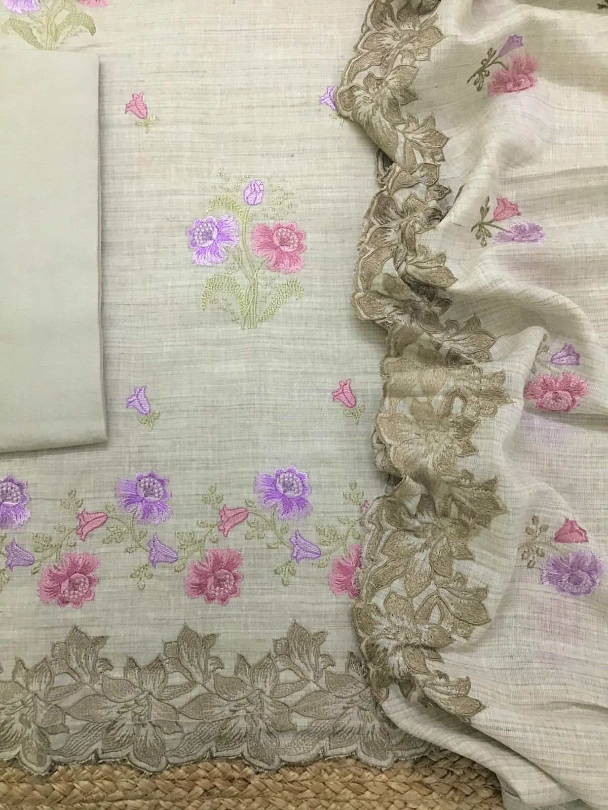 Pure Linen Cotton Embroidered Suit - Beige