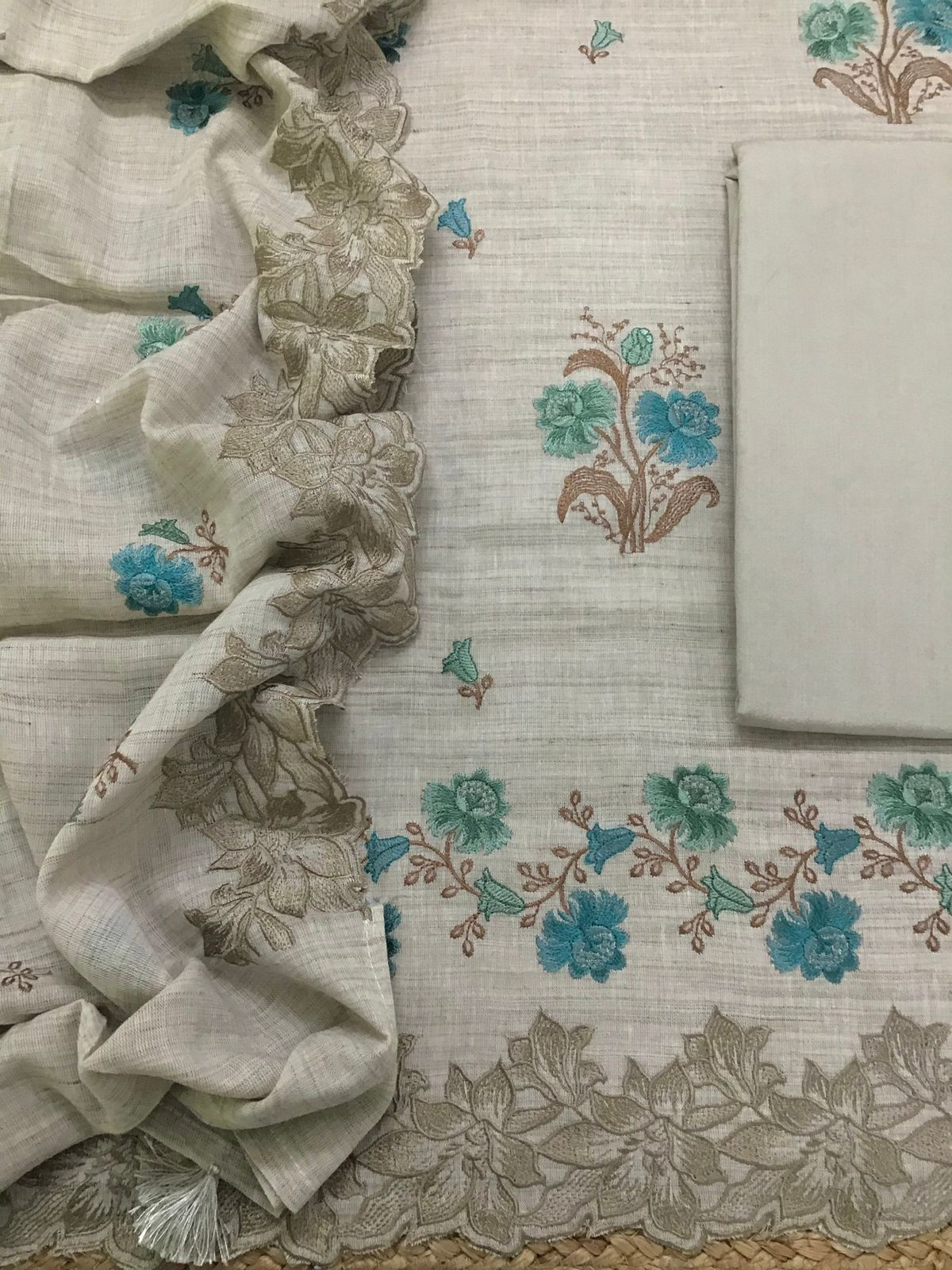 Pure Linen Cotton Embroidered Suit - Beige