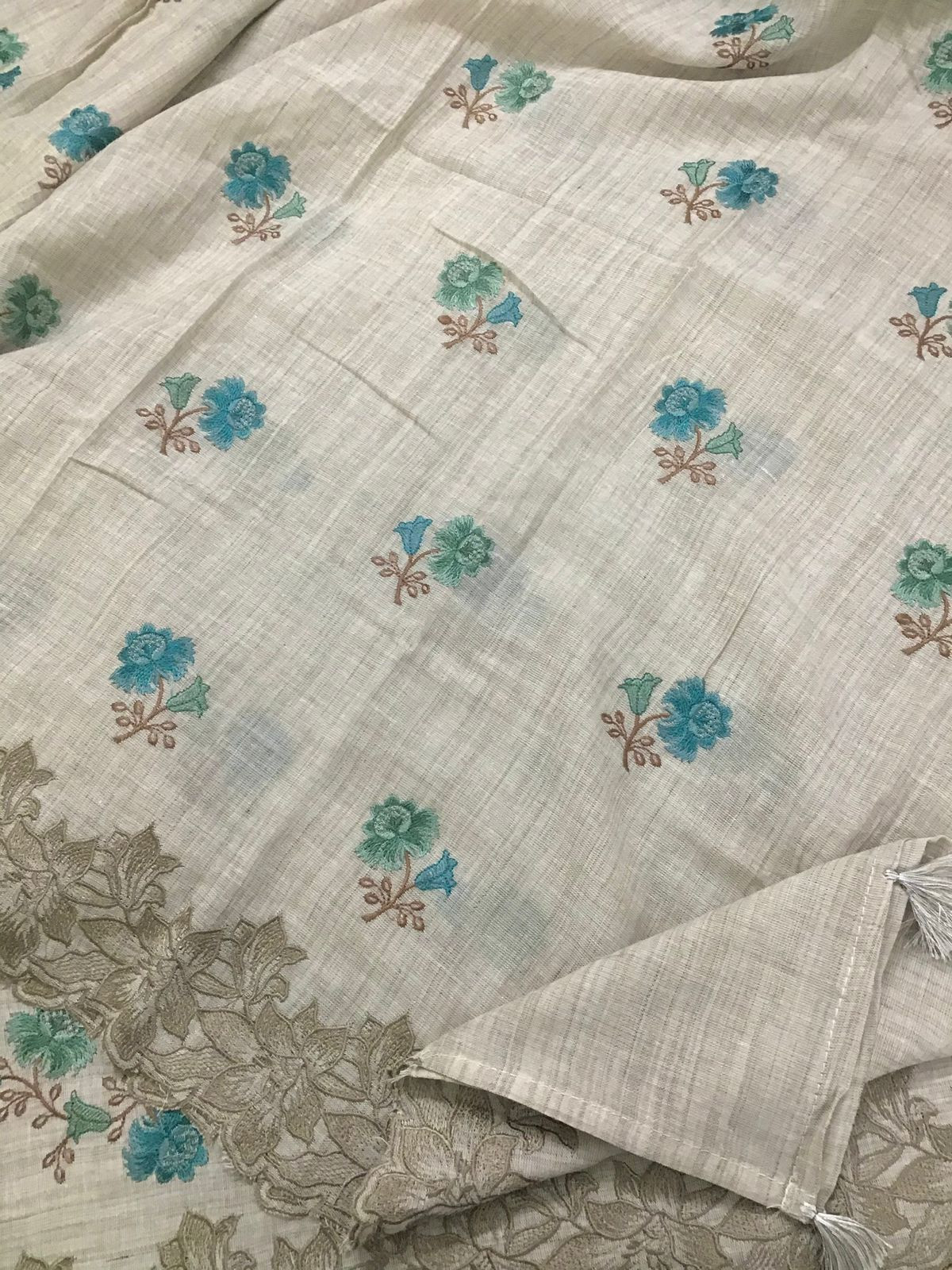 Pure Linen Cotton Embroidered Suit - Beige