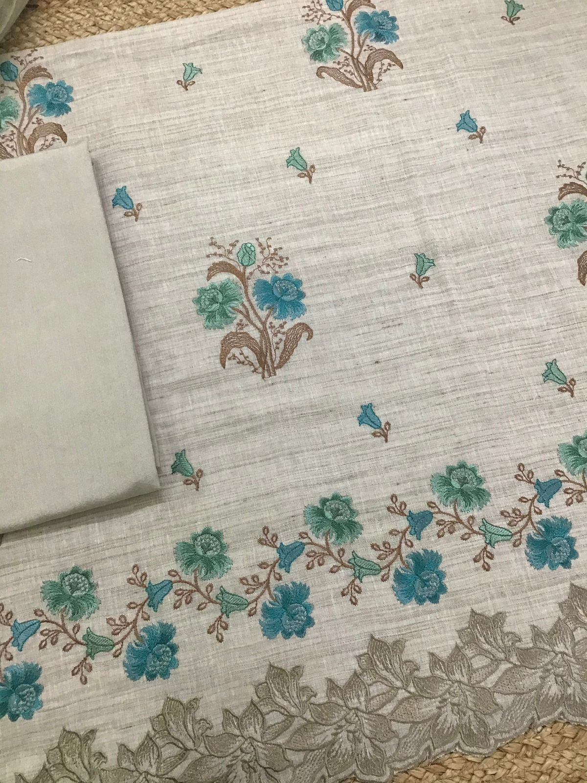 Pure Linen Cotton Embroidered Suit - Beige