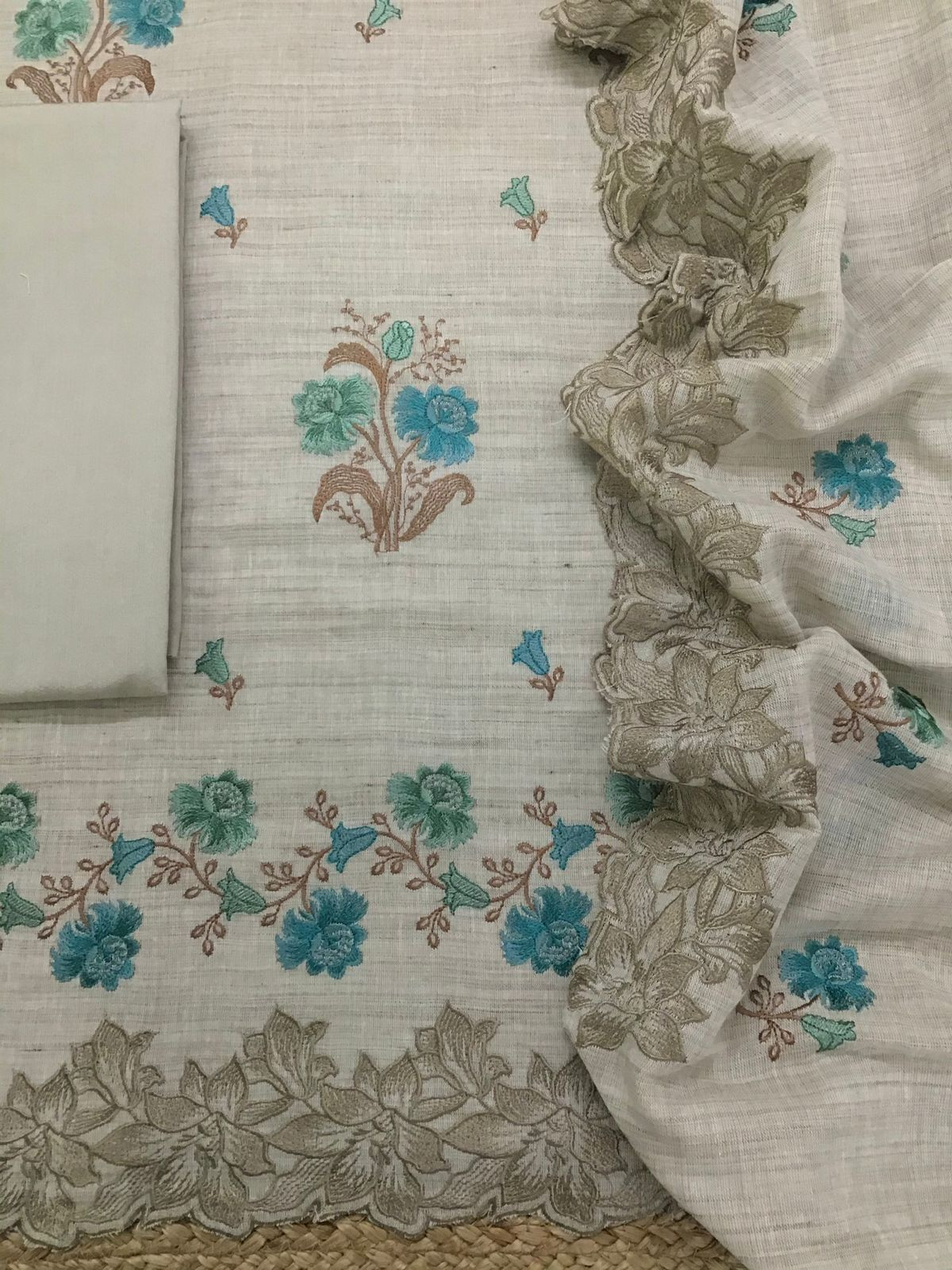 Pure Linen Cotton Embroidered Suit - Beige