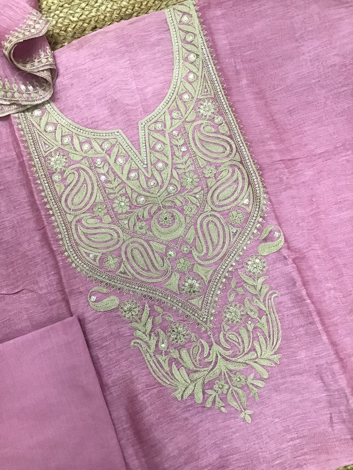 Pure Linen Tussar Silk Embroidered Suit - Pink