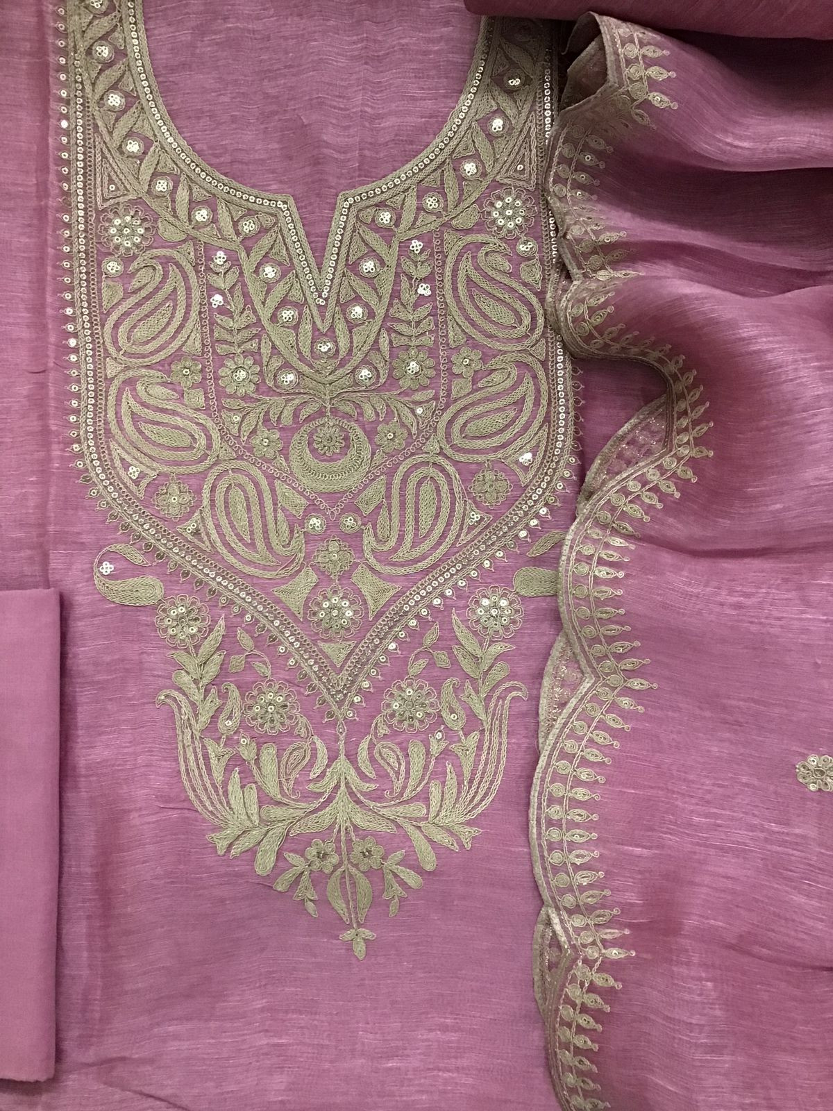 Pure Linen Tussar Silk Embroidered Suit - Pink
