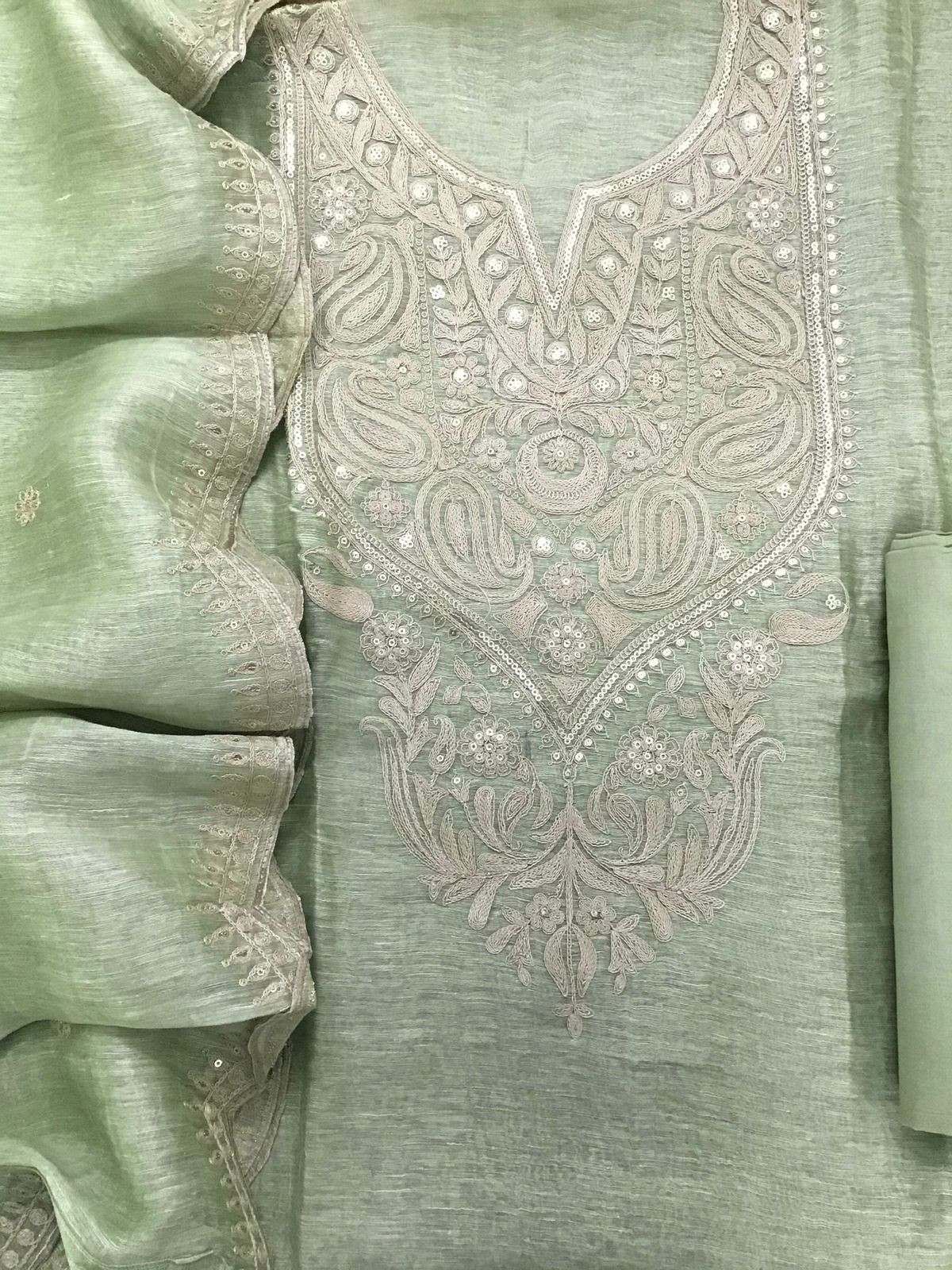 Pure Linen Tussar Silk Embroidered Suit - Green
