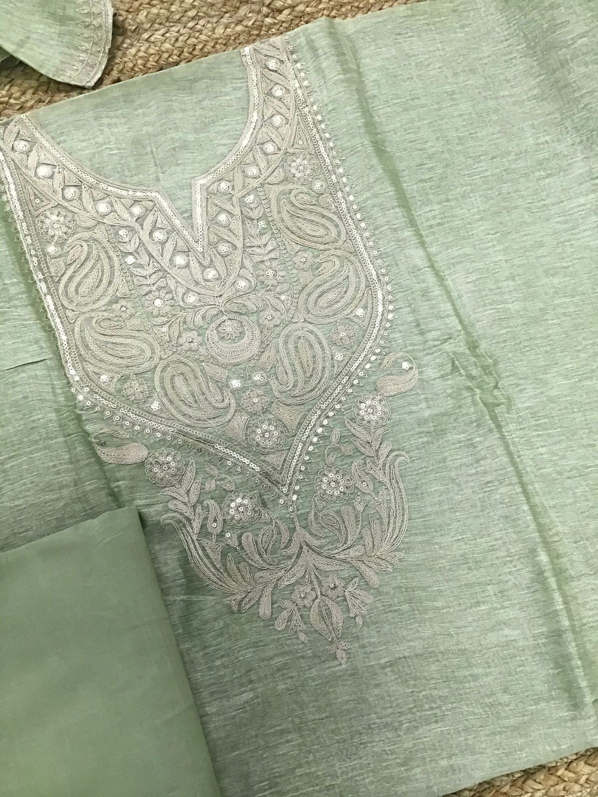 Pure Linen Tussar Silk Embroidered Suit - Green