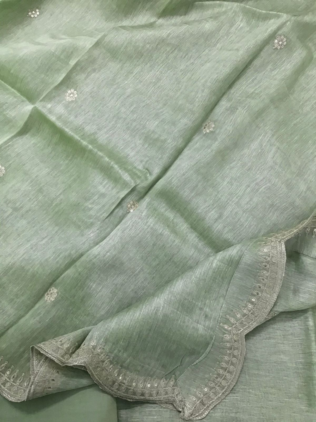 Pure Linen Tussar Silk Embroidered Suit - Green