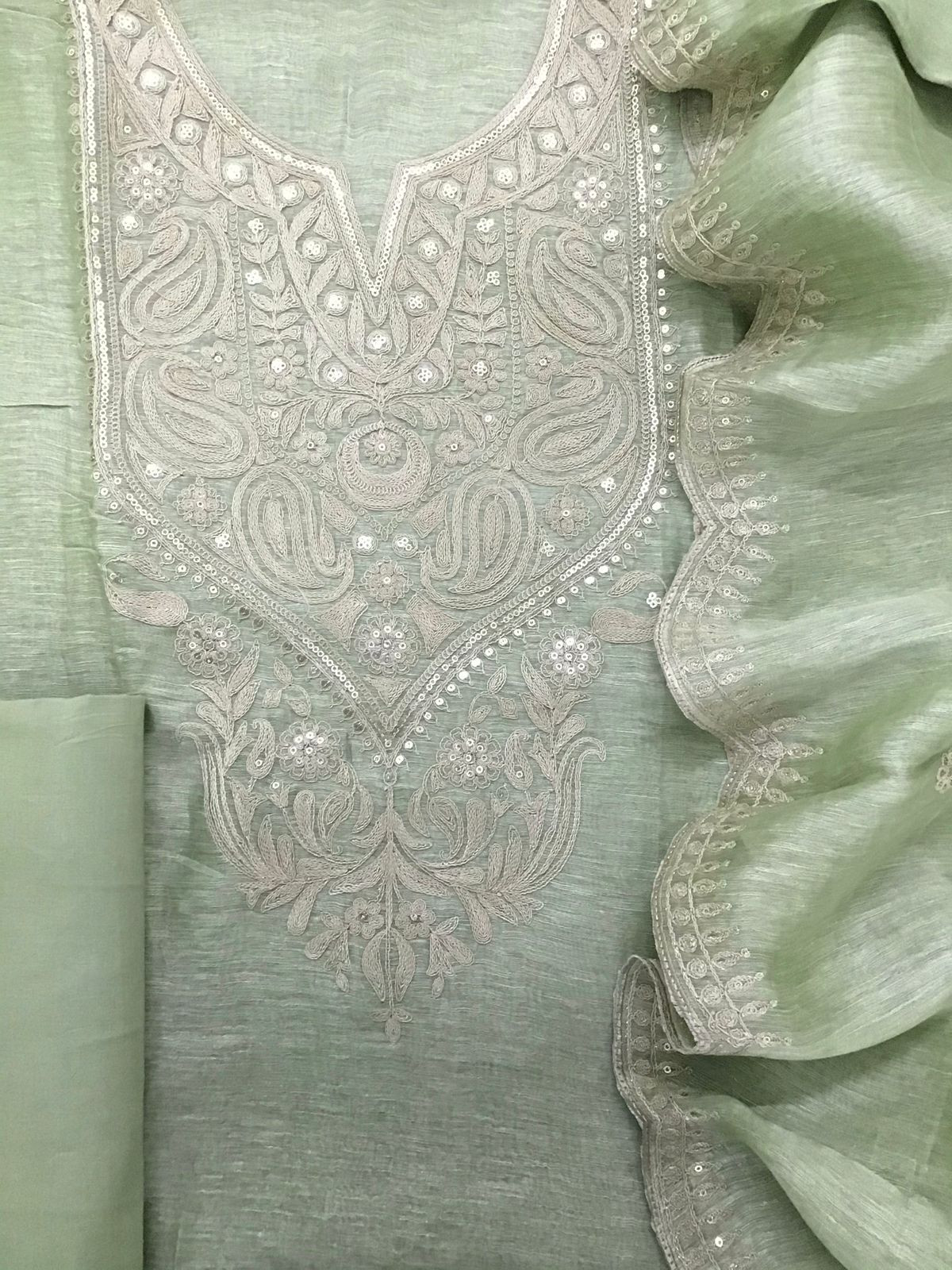 Pure Linen Tussar Silk Embroidered Suit - Green