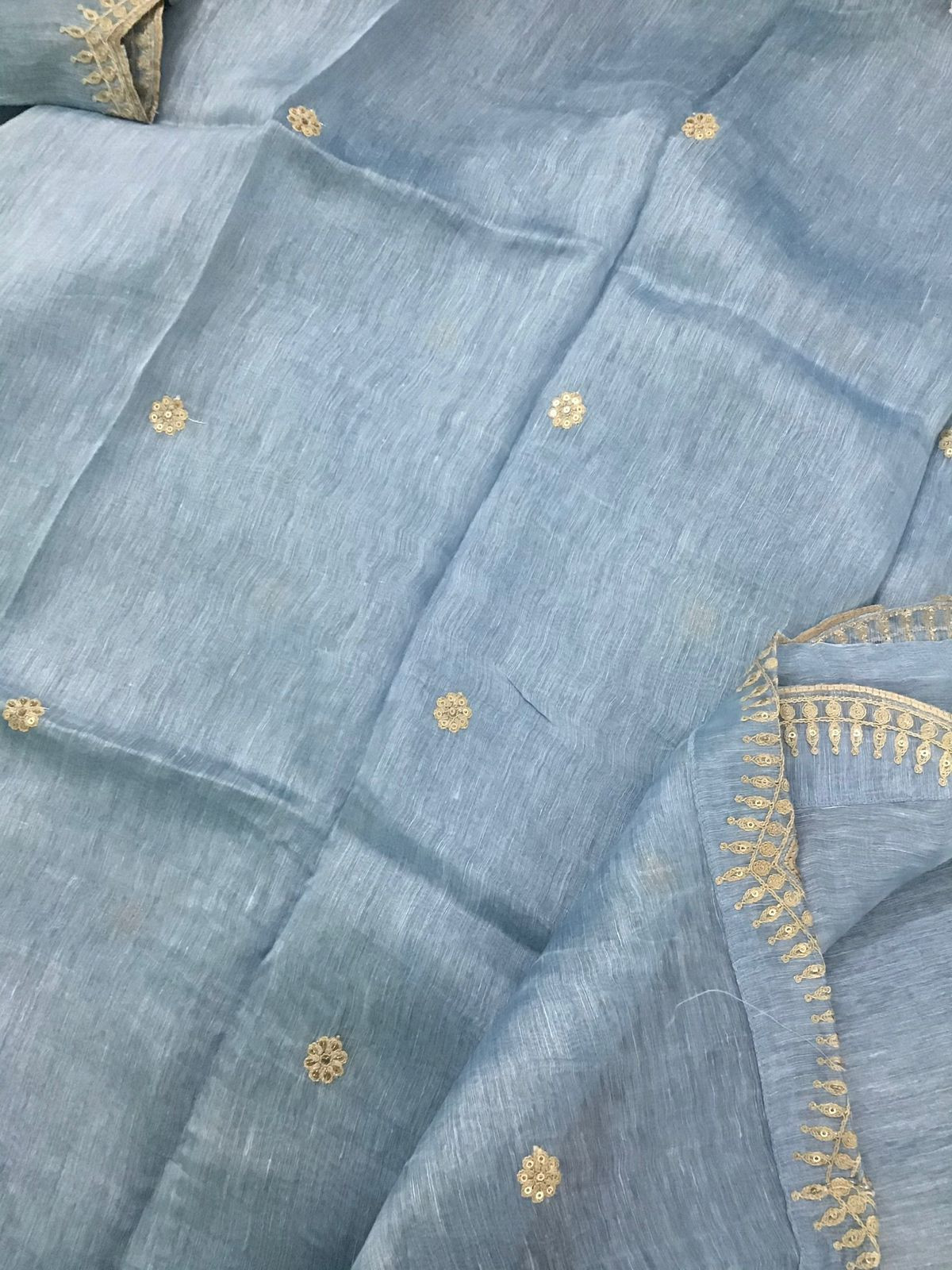Pure Linen Tussar Silk Embroidered Suit - Blue