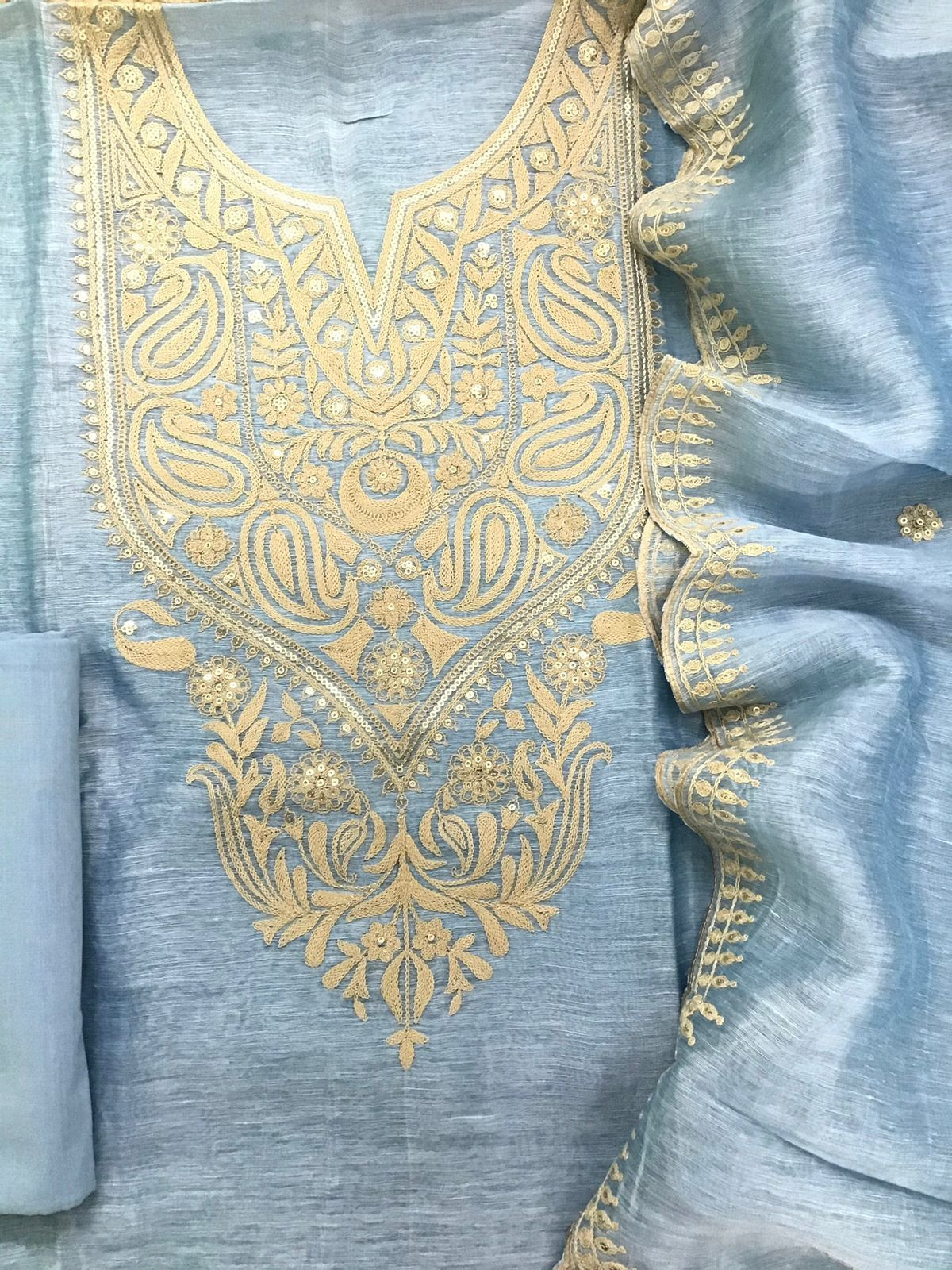Pure Linen Tussar Silk Embroidered Suit - Blue