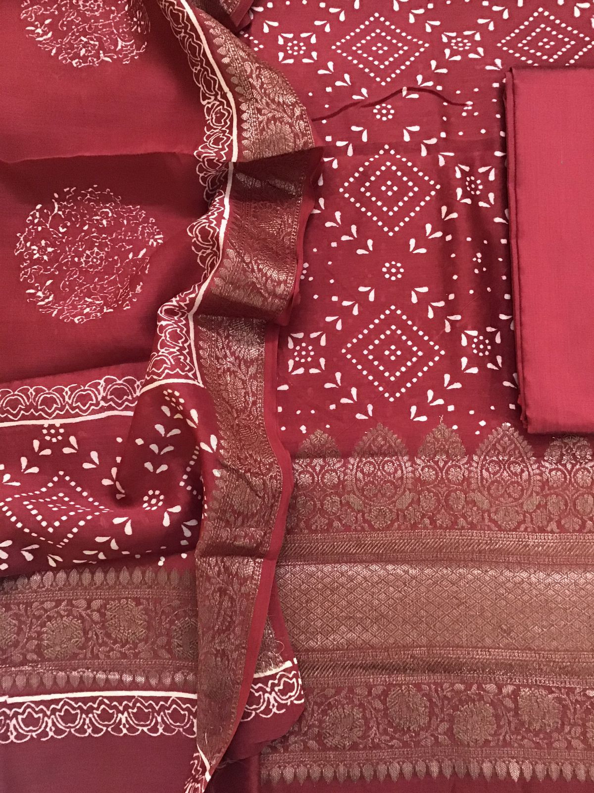 Pure Maheshwari Silk Printed Banarasi Weaved Suit - Red