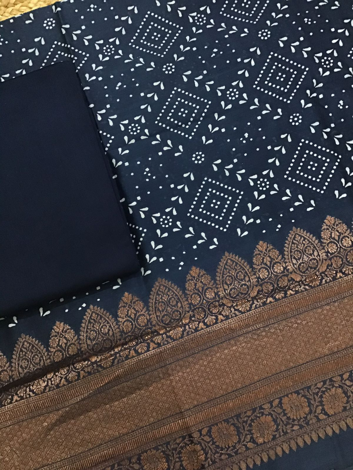 Pure Maheshwari Silk Printed Banarasi Weaved Suit - Blue