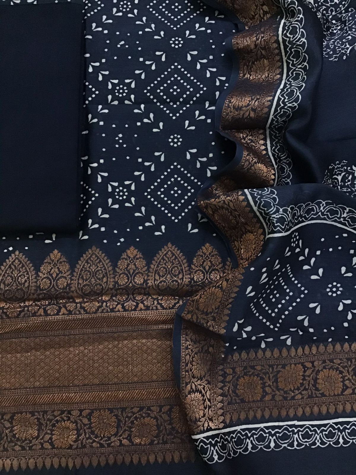 Pure Maheshwari Silk Printed Banarasi Weaved Suit - Blue