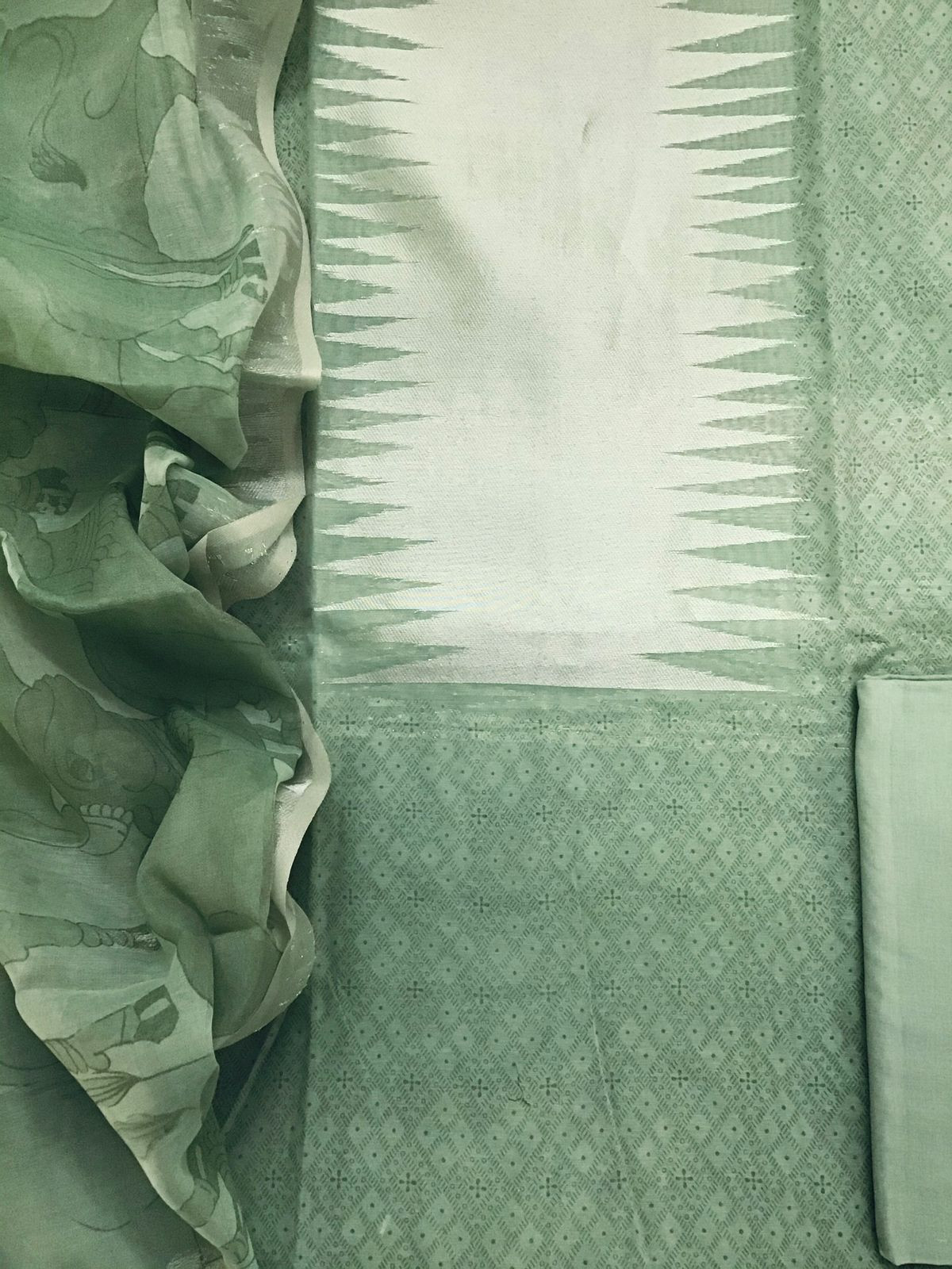 Soft Chanderi Cotton Printed Banarasi Weaved Suit - Green