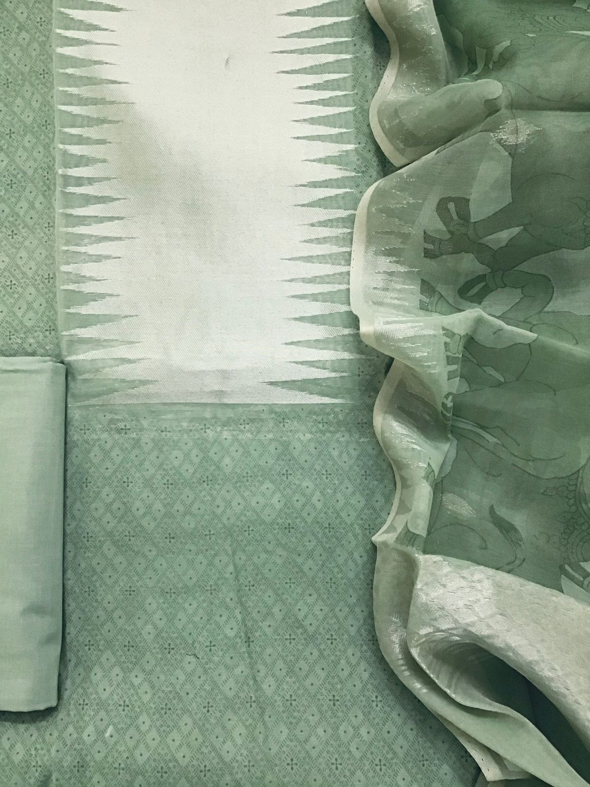 Soft Chanderi Cotton Printed Banarasi Weaved Suit - Green