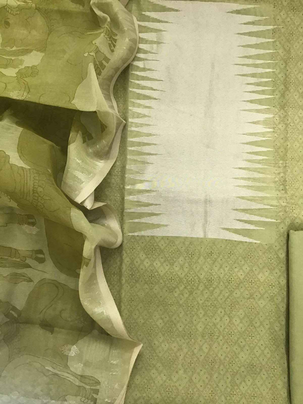 Soft Chanderi Cotton Printed Banarasi Weaved Suit - Green