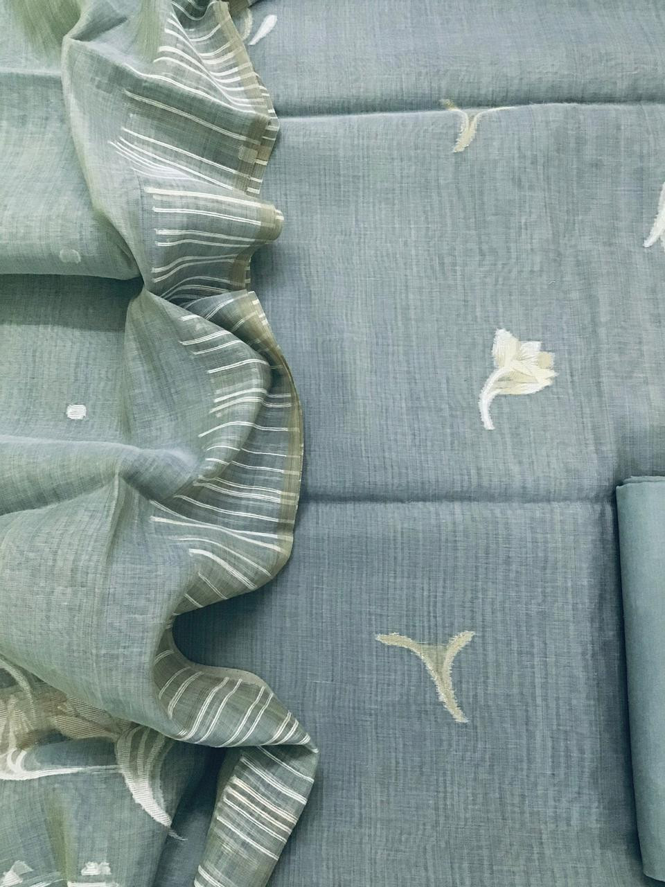 Soft Slub Chanderi Jamdani Weaved Suit - Greyish Blue