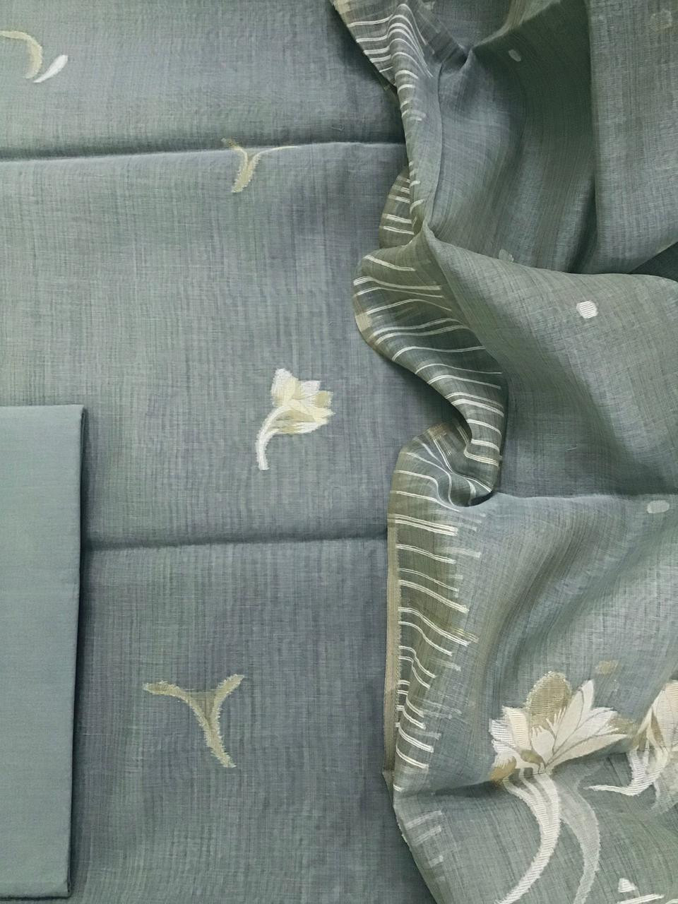 Soft Slub Chanderi Jamdani Weaved Suit - Greyish Blue