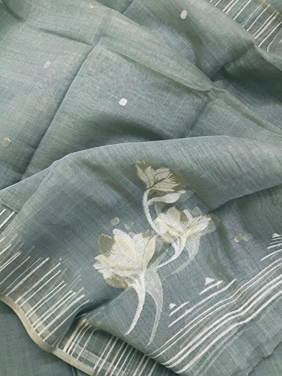 Soft Slub Chanderi Jamdani Weaved Suit - Greyish Blue