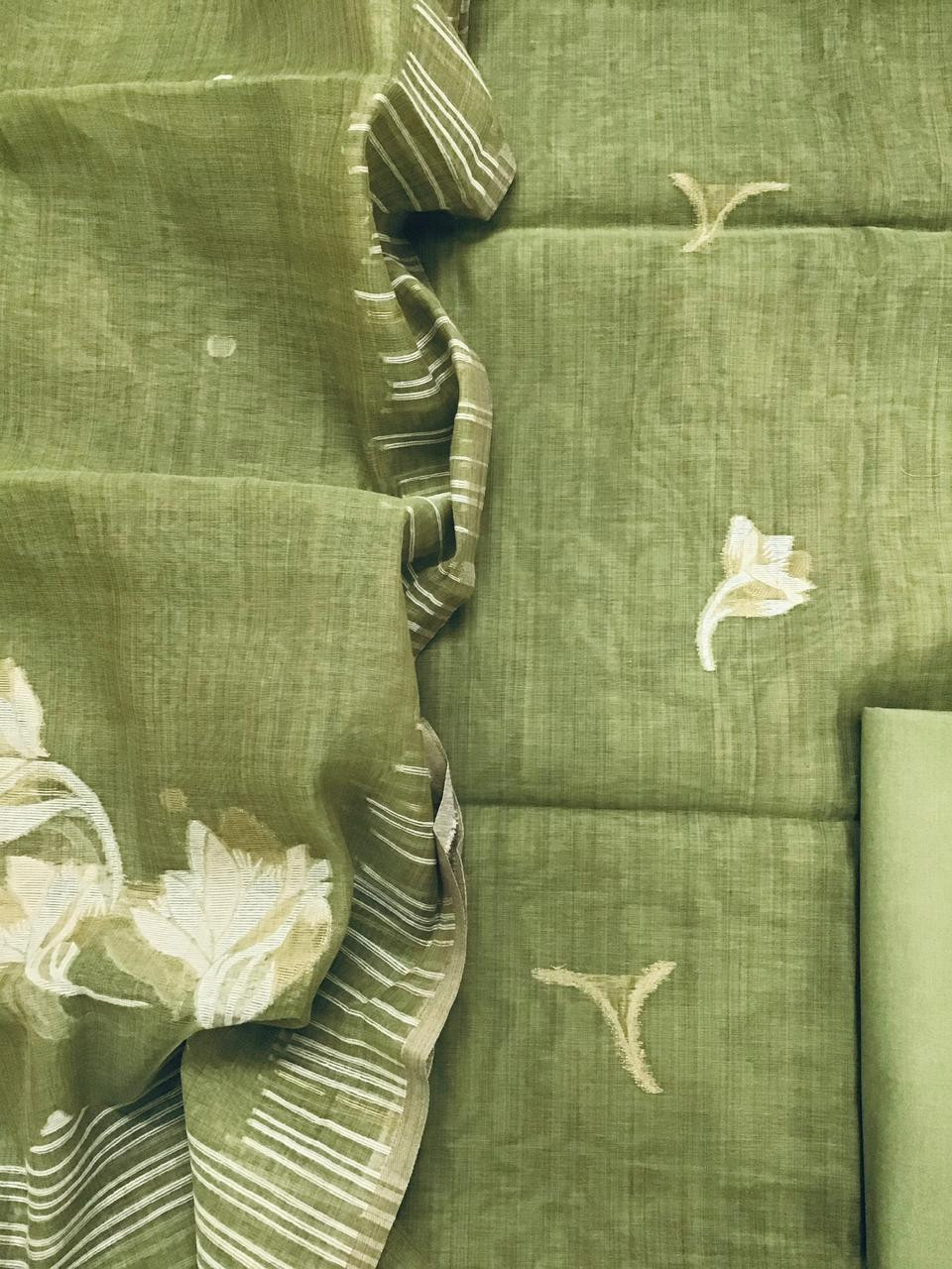 Soft Slub Chanderi Jamdani Weaved Suit - Green
