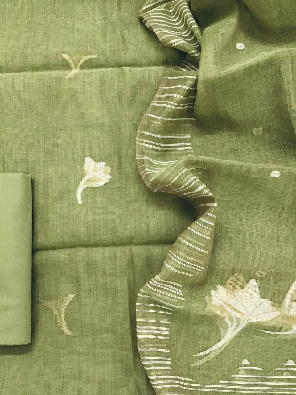 Soft Slub Chanderi Jamdani Weaved Suit - Green