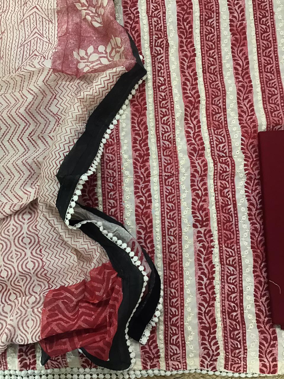 Pure Muslin Block Printed Embroidered Suit - Red