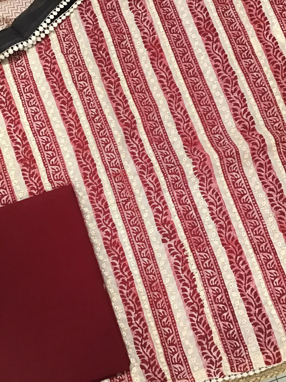 Pure Muslin Block Printed Embroidered Suit - Red