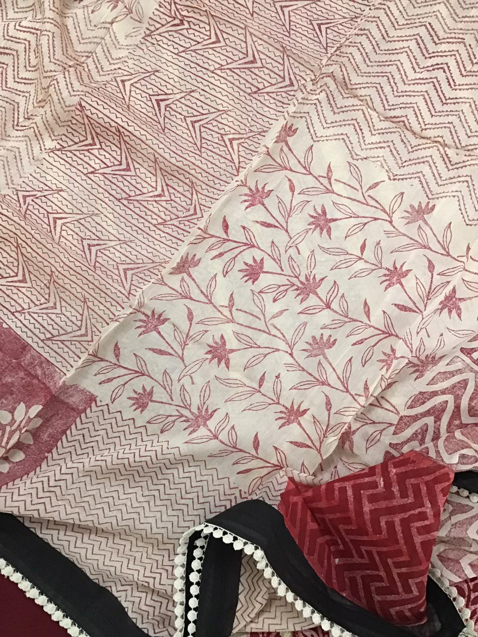 Pure Muslin Block Printed Embroidered Suit - Red